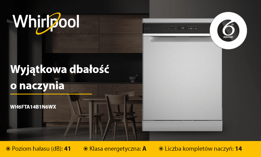 ZMYWARKA WHIRLPOOL WH6FTA14B1N6WX Zmywarka Whirlpool pokazana na tle kuchennej aranżacji. Na grafice widoczne są informacje o klasie energetycznej A, poziomie hałasu 41 dB oraz pojemności 14 kompletów naczyń