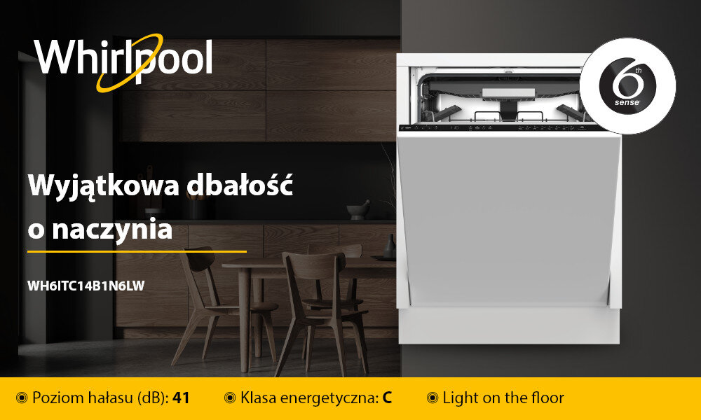 Obraz przedstawia otwartą zmywarkę z widocznym wnętrzem, obok której znajduje się tekst: \'Wyjątkowa dbałość o naczynia WH6ITC14B1N6LW\'. Na dole widnieją informacje: \'Poziom hałasu (dB): 41\', \'Klasa energetyczna: C\', \'Light on the floor\'.