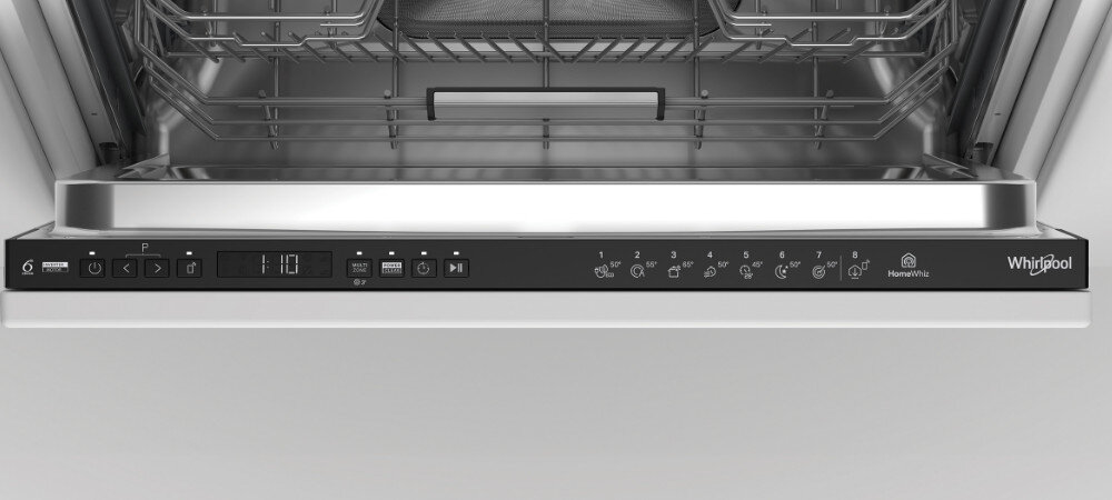 Panel sterowania zmywarki z wyświetlaczem cyfrowym pokazującym czas 1:10 oraz różnymi przyciskami i ikonami. Widoczne jest logo Whirlpool po prawej stronie.