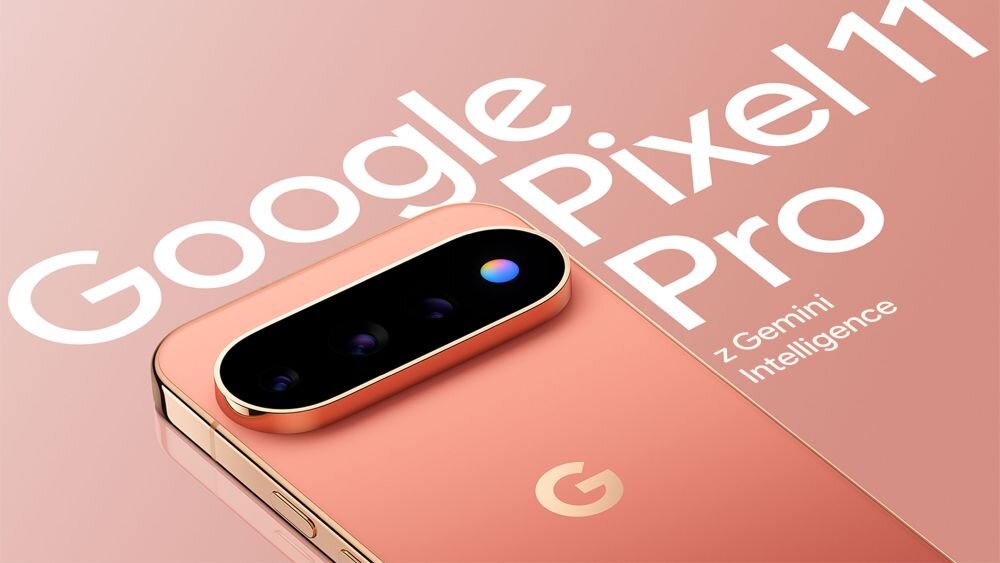 Obraz przedstawia smartfon w kolorze jasnoróżowym z trzema obiektywami aparatu na tylnej obudowie. Na obrazie widoczny jest tekst: \'Google Pixel 11 Pro z Gemini Intelligence\'.