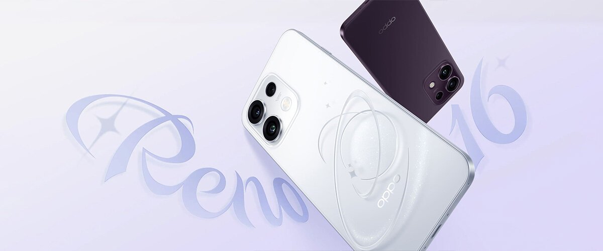 Na obrazie widoczne są dwa smartfony, jeden biały z trzema aparatami i logo \'oppo\', drugi ciemny z logo \'oppo\'. W tle znajduje się napis \'Reno 16\'.
