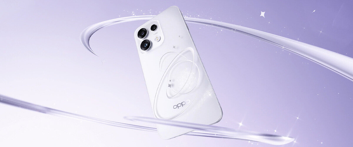 Na fioletowym tle widoczny jest biały smartfon z trzema aparatami i logo \'oppo\'. Wokół telefonu znajdują się białe, zakrzywione linie przypominające orbity.