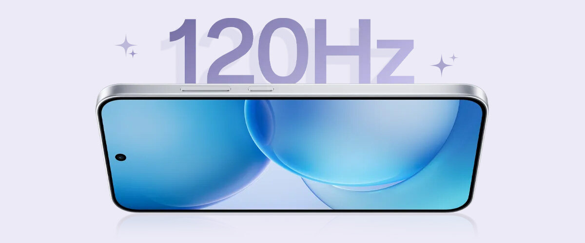 Obraz przedstawia smartfon z wyświetlaczem, na którym widoczny jest napis \'120Hz\'. Tło jest jasne, a na ekranie widać niebieskie okręgi.