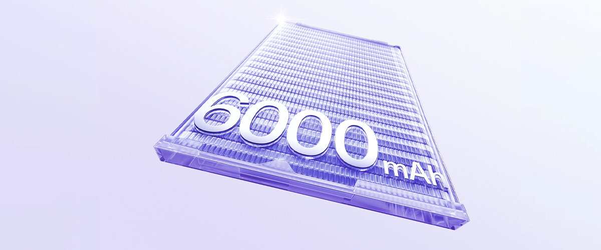 Obraz przedstawia dużą liczbę \'6000 mAh\' na tle struktury przypominającej baterię w odcieniach fioletu.