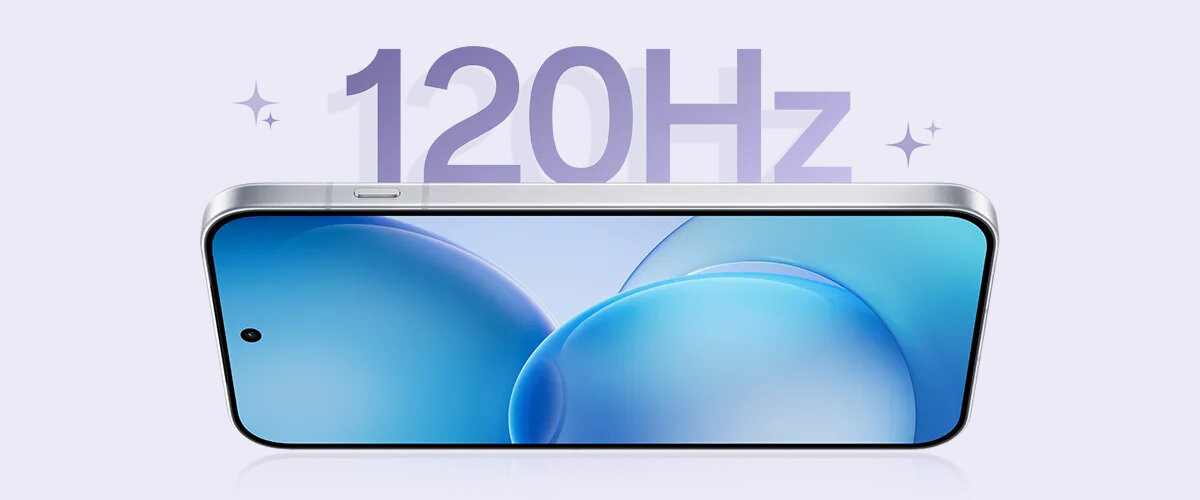 Obraz przedstawia smartfon z wyświetlaczem, na którym widoczny jest napis \'120Hz\'. Tło jest jasne, a na ekranie widać niebieskie odcienie.
