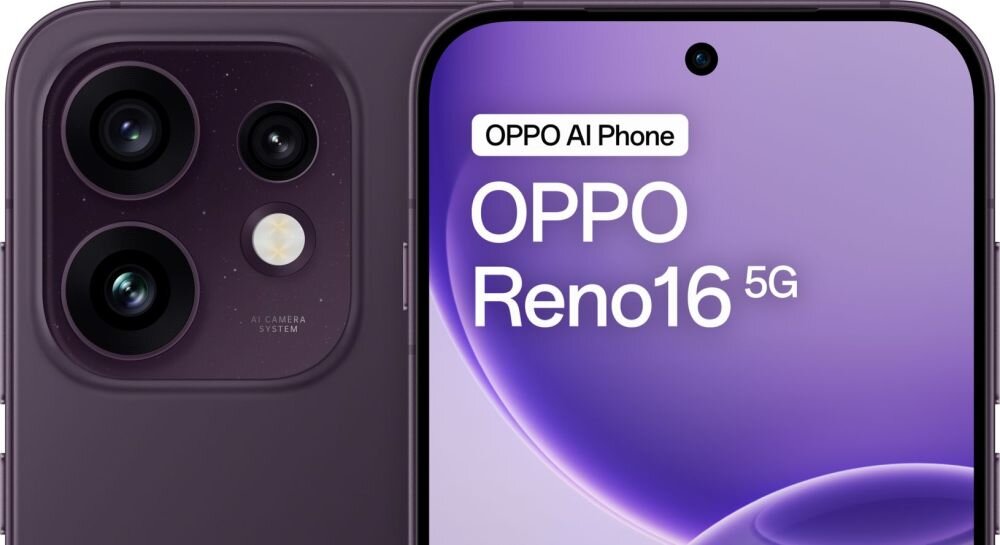 Na obrazie widoczny jest smartfon z trzema aparatami i napisem \'AI Camera System\'. Na ekranie telefonu znajduje się tekst: \'OPPO AI Phone OPPO Reno16 5G\'.