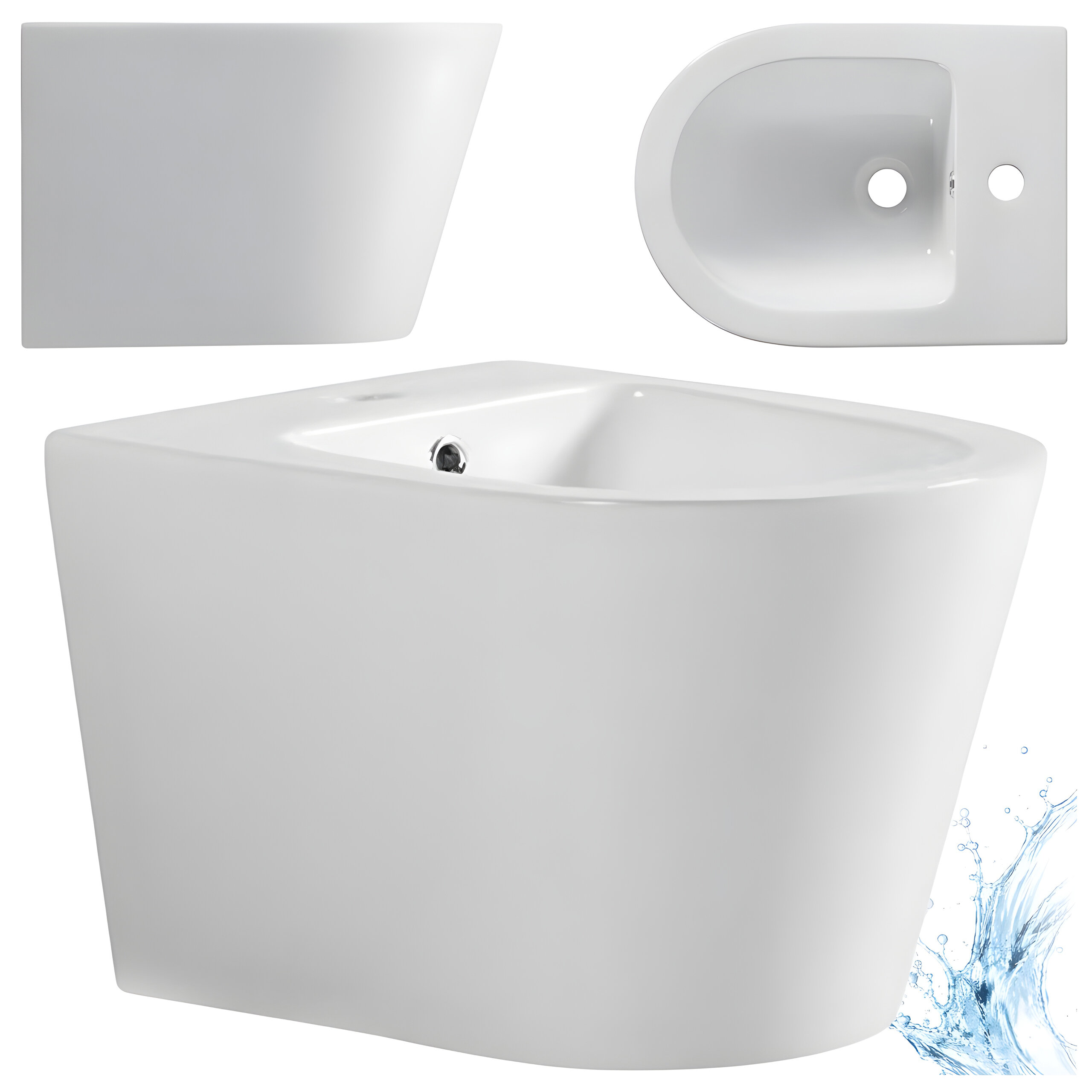 Obraz przedstawia biały, podwieszany bidet łazienkowy o nowoczesnym designie. Widać go z trzech perspektyw: z boku, z góry i z przodu, z dodatkiem grafiki wody w dolnym rogu.