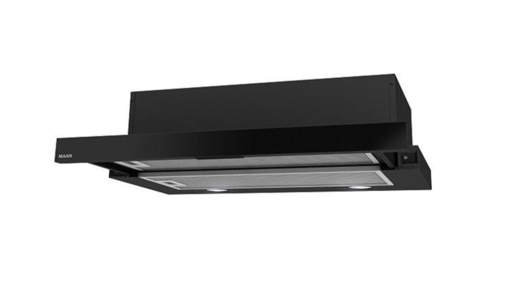 Czarny okap kuchenny z widocznymi dwoma filtrami i oświetleniem LED. Na obudowie znajduje się logo \'MAAN\'.