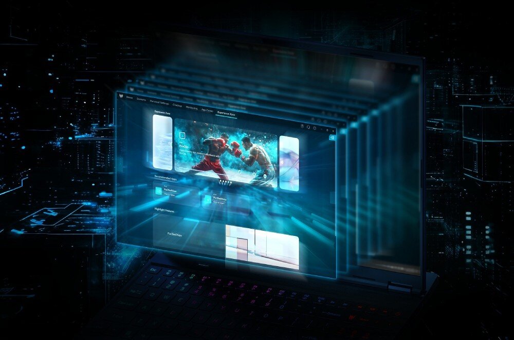 Laptop PREDATOR Helios Neo 16S AI Efekt wizualizacji interfejsu aplikacji zarządzającej laptopem, pokazanej jako warstwowe okna z grafiką gry i ikonami funkcji, aplikacja, ustawienia, tryby pracy, funkcje