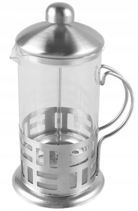 Szklany zaparzacz tłokowy z metalowym uchwytem i pokrywką, o pojemności 350 ml. Dolna część zaparzacza jest ozdobiona metalowym wzorem z otworami.
