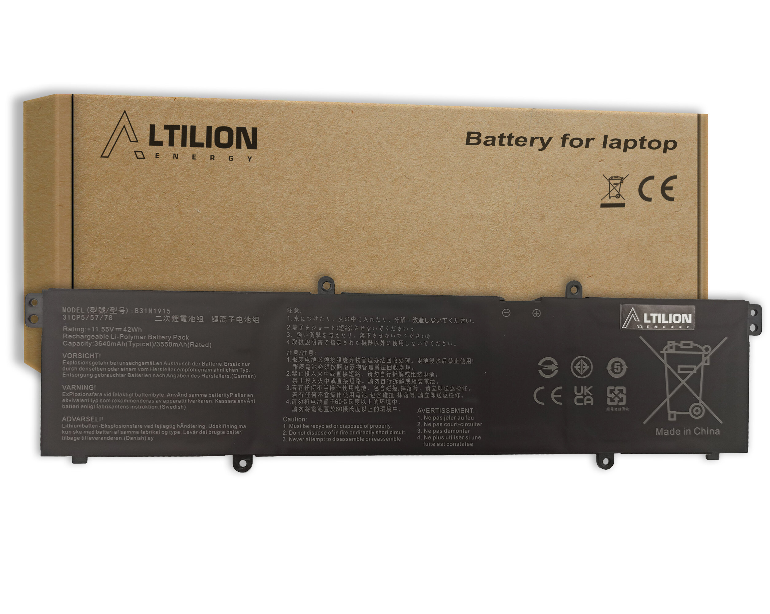 Na obrazie widoczna jest bateria do laptopa z oznaczeniami modelu i specyfikacji technicznej, a w tle znajduje się kartonowe opakowanie z logo \'Altilion Energy\' i napisem \'Battery for laptop\'.