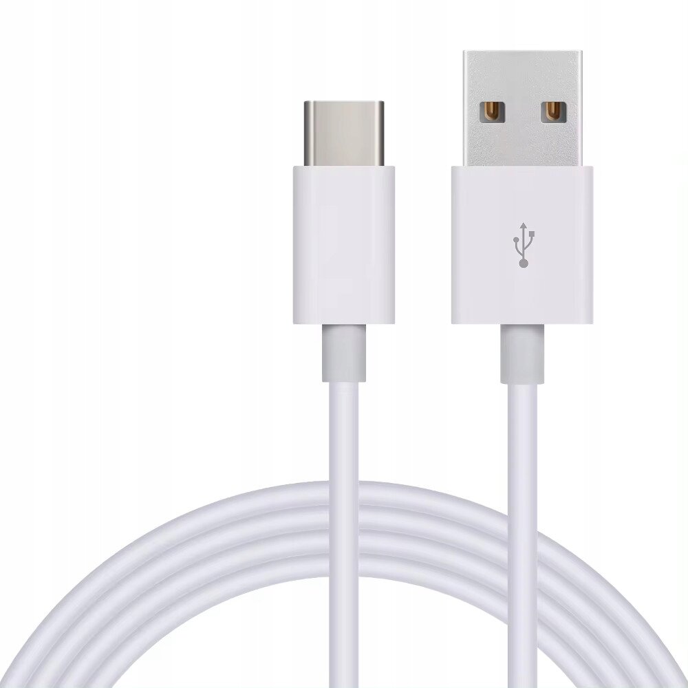 Na obrazie widoczny jest biały kabel USB z końcówkami typu C i standardowym USB. Na jednej z końcówek znajduje się symbol USB.