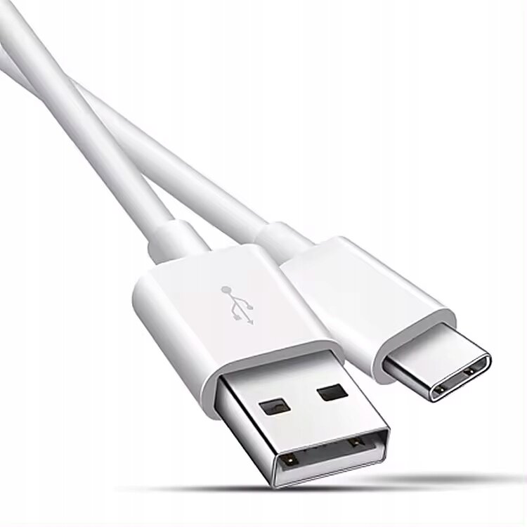 Na obrazie widoczny jest biały kabel USB z końcówkami USB-A i USB-C. Na wtyczce USB-A znajduje się symbol USB.