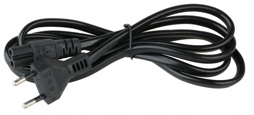 Czarny kabel zasilający z dwoma pinami, o długości 1,5 metra, z wtyczką typu ósemka.
