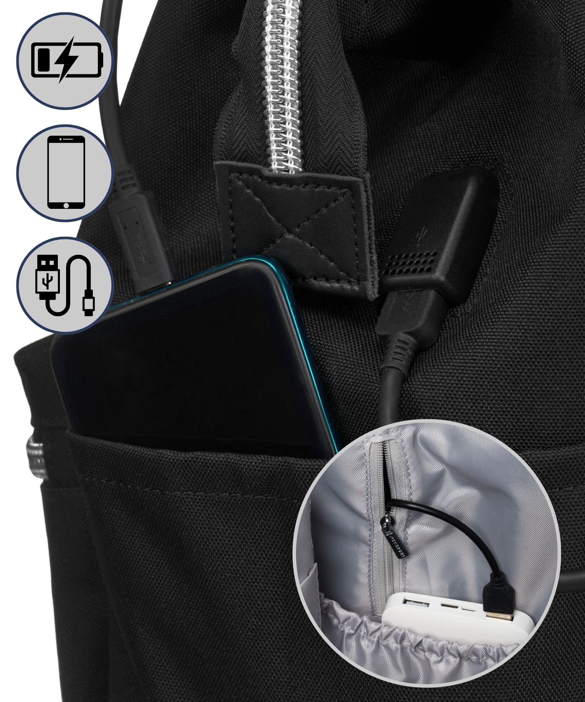 Czarny plecak z widocznym kablem USB i kieszenią na telefon. Obok znajdują się trzy ikony przedstawiające baterię, telefon i kabel USB.