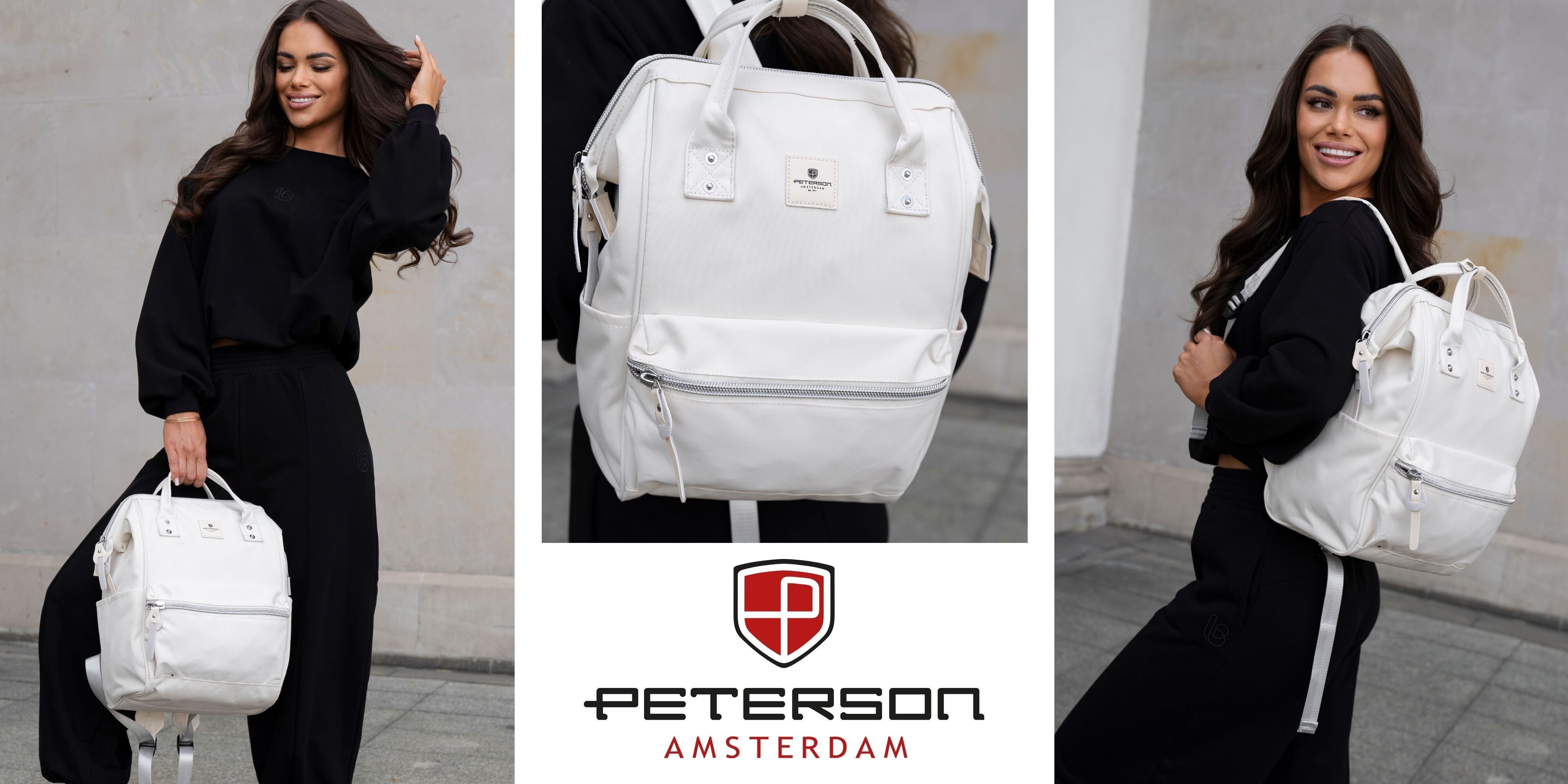 Na zdjęciu widoczny jest biały plecak z logo \'PETERSON AMSTERDAM\' oraz kobieta ubrana na czarno, trzymająca plecak. Plecak ma kieszeń z zamkiem błyskawicznym i uchwyty do noszenia.