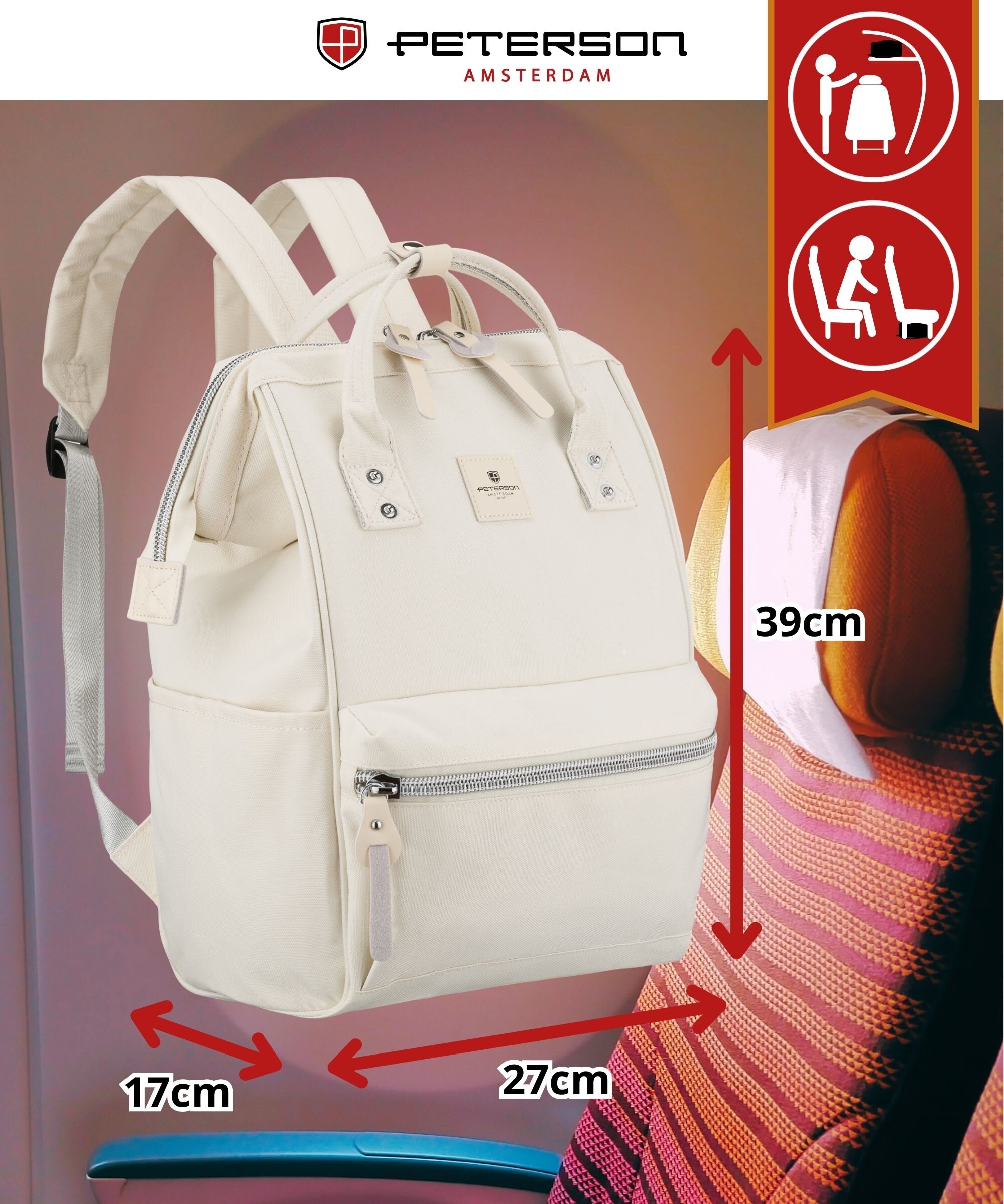 Na obrazie widoczny jest ecru plecak z logo \'PETERSON AMSTERDAM\', z przodu z kieszenią na zamek. Obok plecaka znajdują się wymiary: 17 cm, 27 cm i 39 cm, a w tle widoczne jest siedzenie z kolorowym obiciem.