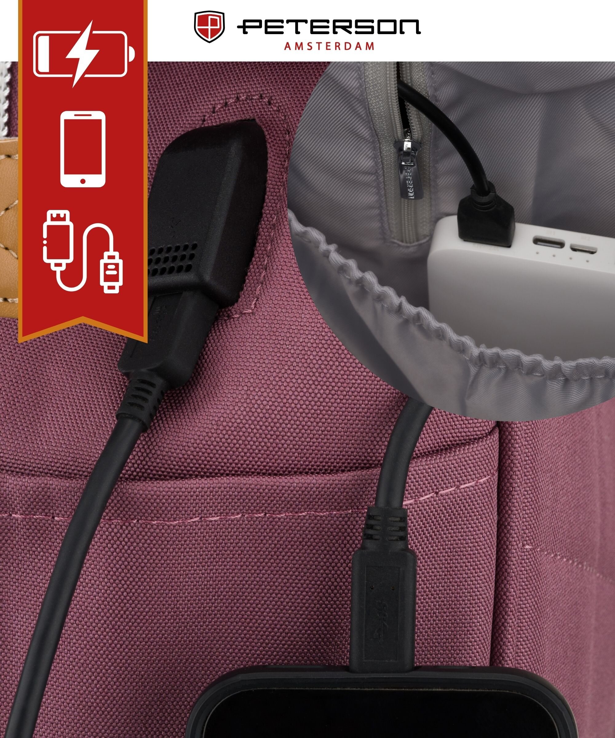 Fioletowy plecak z portem USB, do którego podłączony jest kabel. Logo: PETERSON AMSTERDAM.