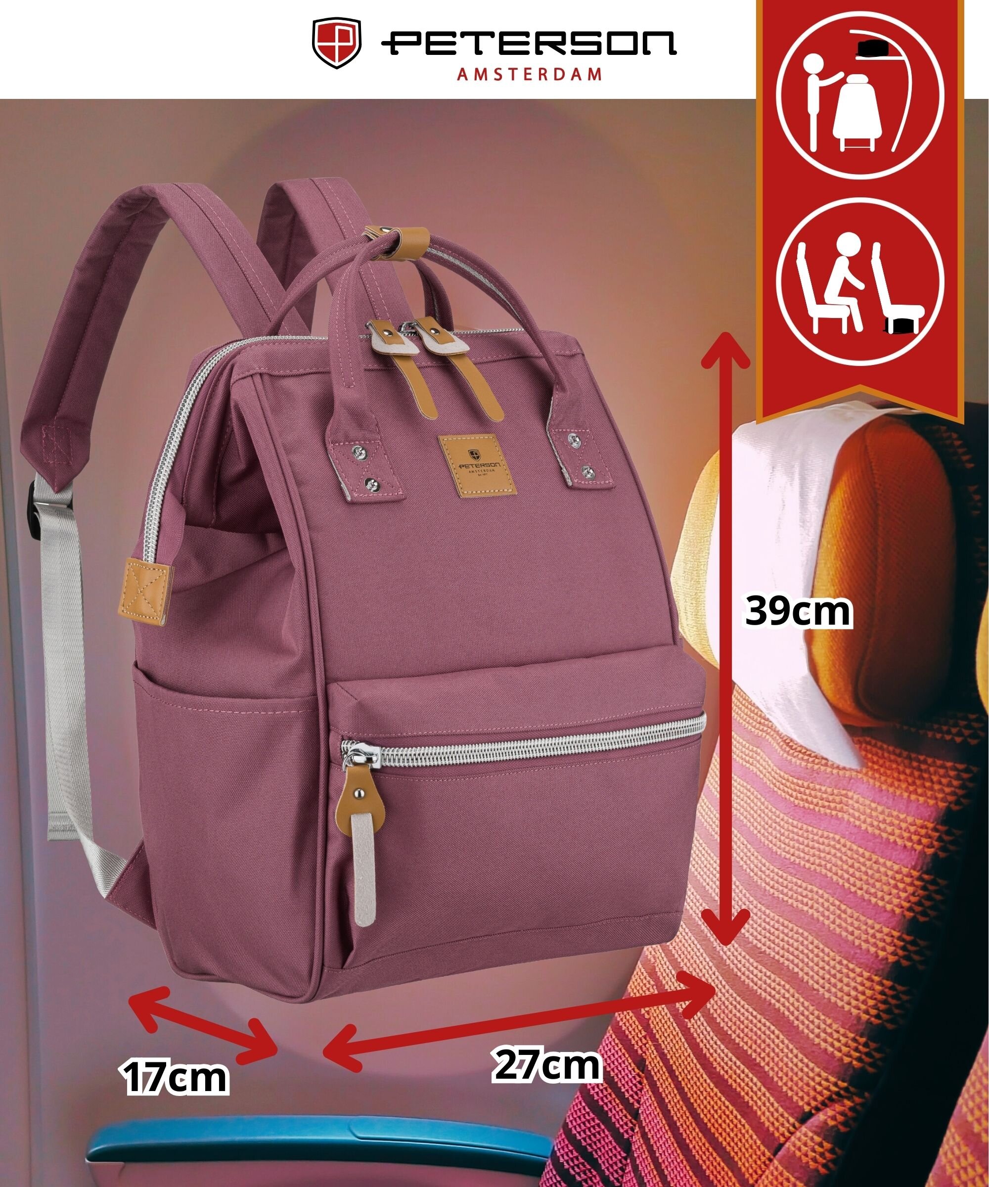 Fioletowy plecak z kieszenią na zamek i uchwytami, z logo \'PETERSON AMSTERDAM\' na górze. Obok plecaka widoczne są wymiary: 39 cm wysokości, 27 cm szerokości i 17 cm głębokości oraz piktogramy dotyczące użytkowania.