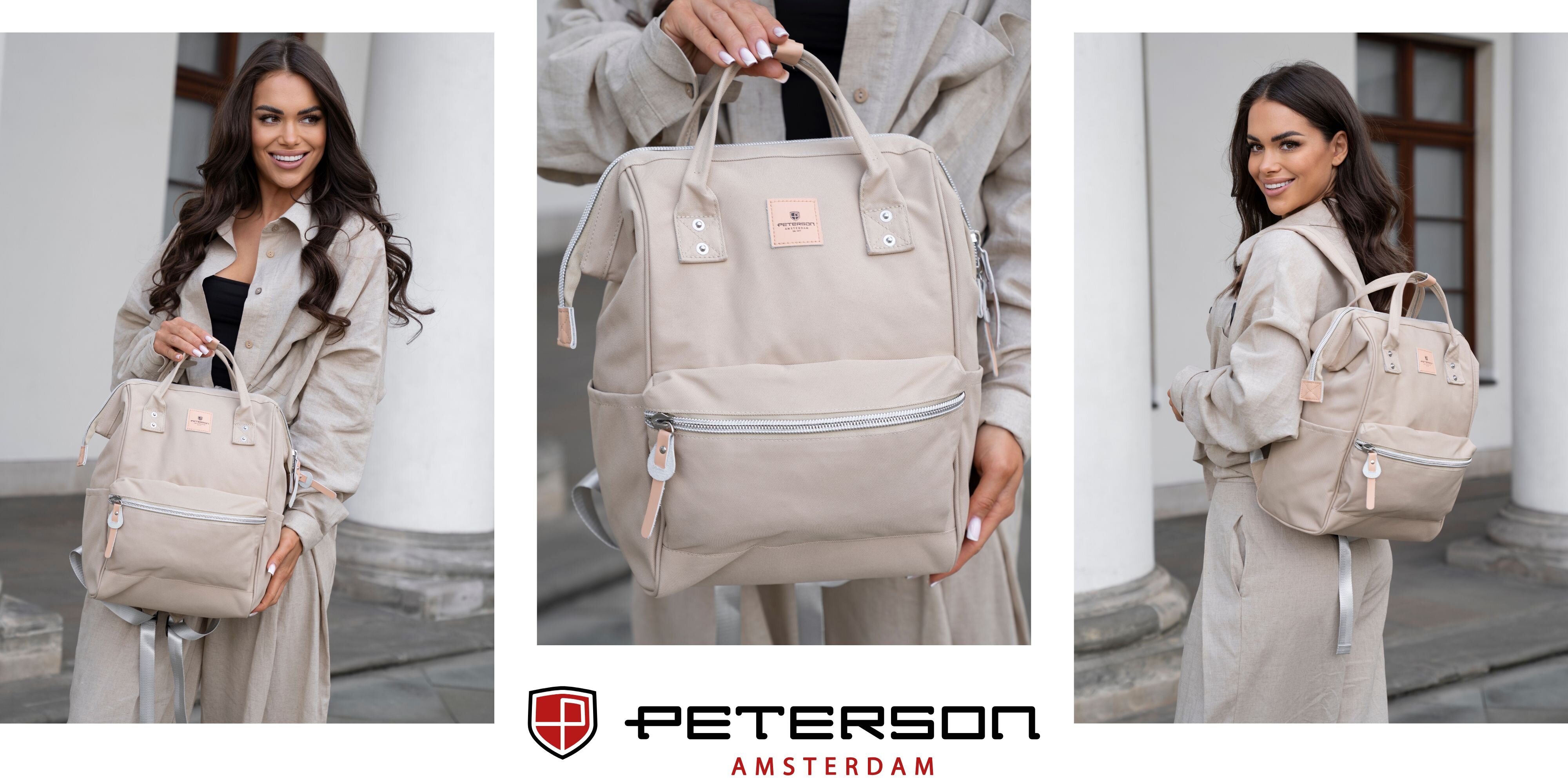 Trzy zdjęcia przedstawiają jasnobeżowy plecak z logo PETERSON, noszony przez osobę w jasnym stroju. Na dole widoczne jest logo PETERSON AMSTERDAM.