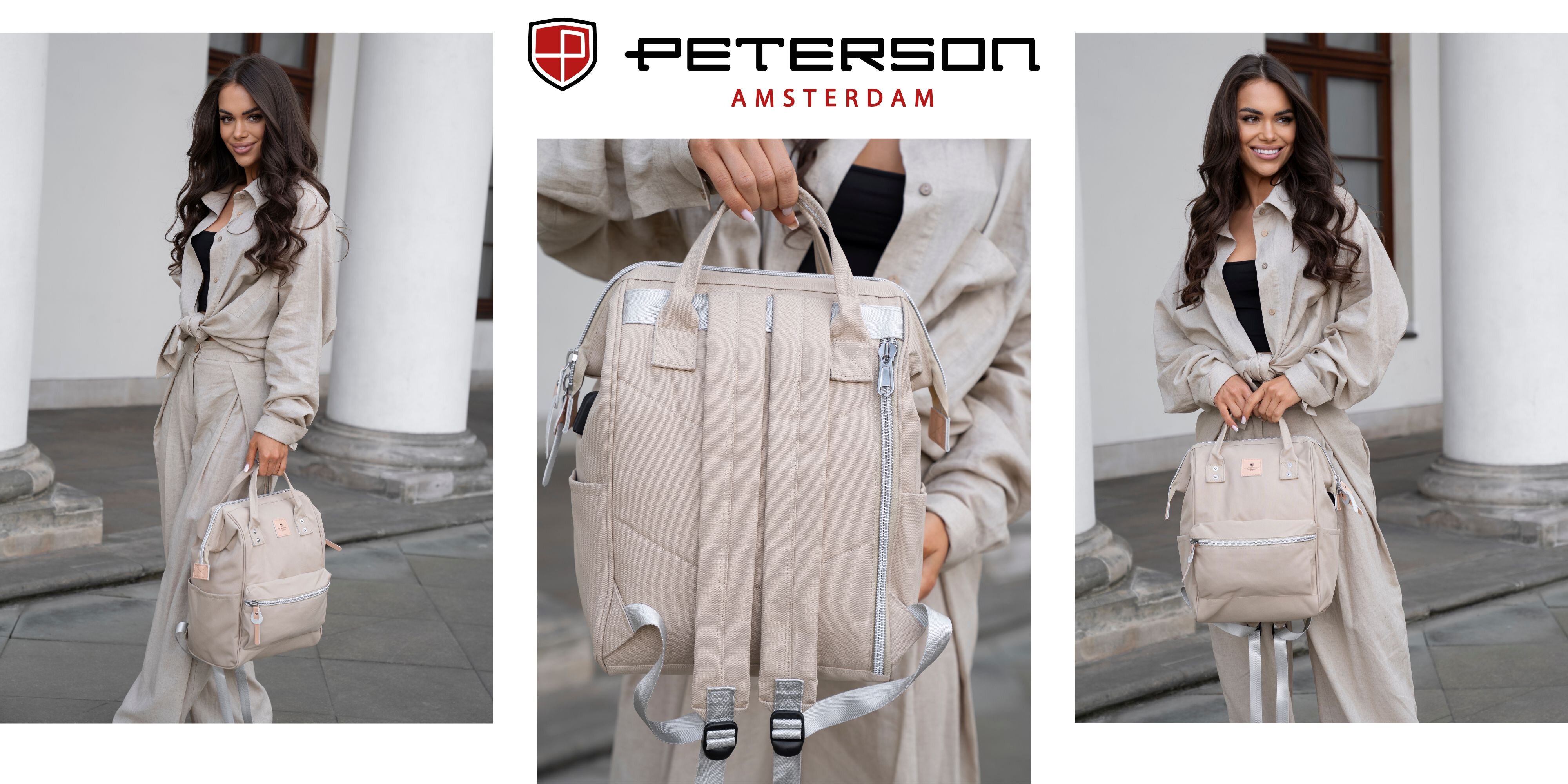 Trzy zdjęcia przedstawiają kobietę z jasnobeżowym plecakiem na laptopa marki PETERSON. Logo PETERSON AMSTERDAM widoczne jest na górze środkowego zdjęcia.