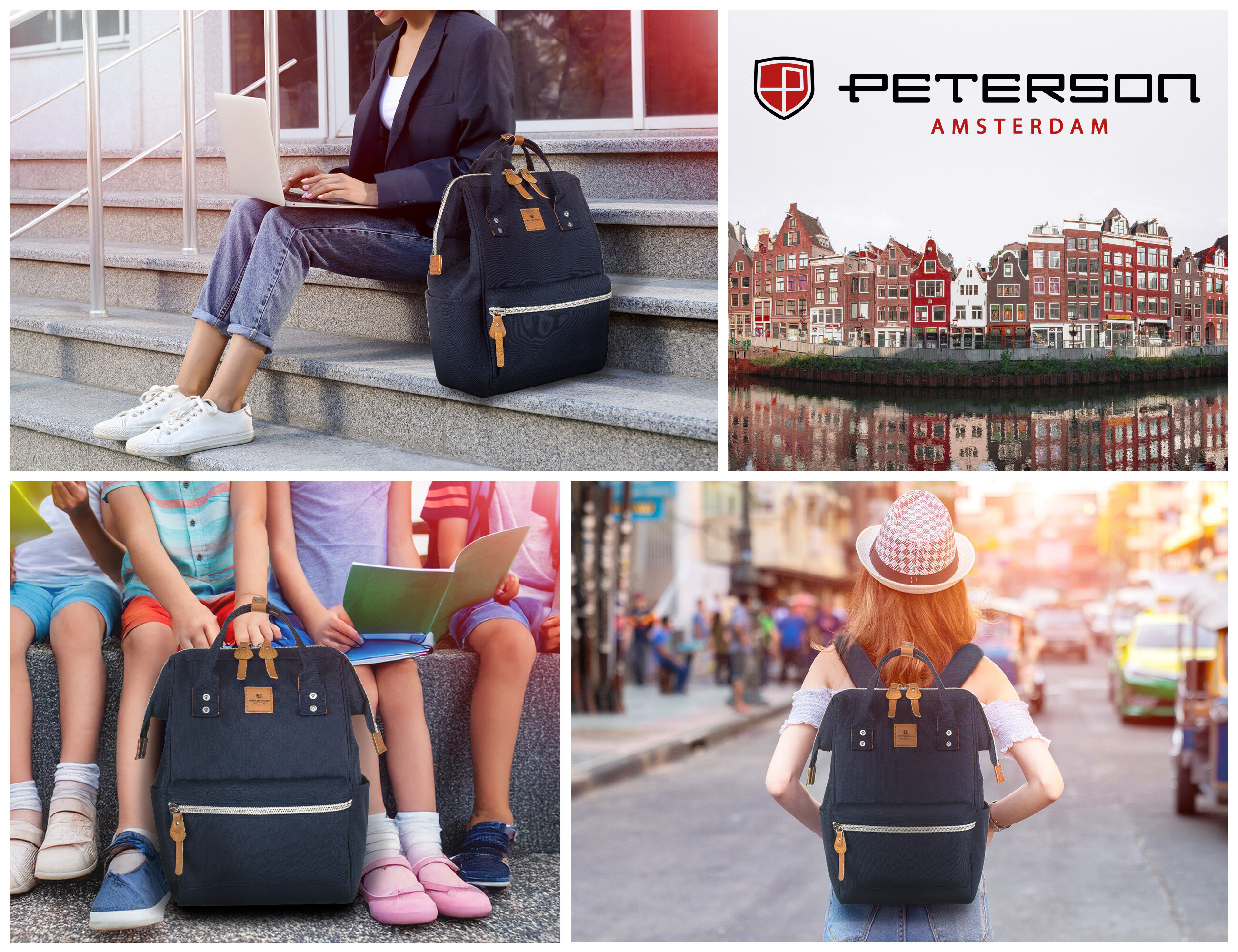 Na obrazie widoczny jest granatowy plecak z brązowymi elementami, noszony przez różne osoby w różnych sytuacjach. W prawym górnym rogu znajduje się logo \'PETERSON AMSTERDAM\' oraz zdjęcie budynków nad wodą.