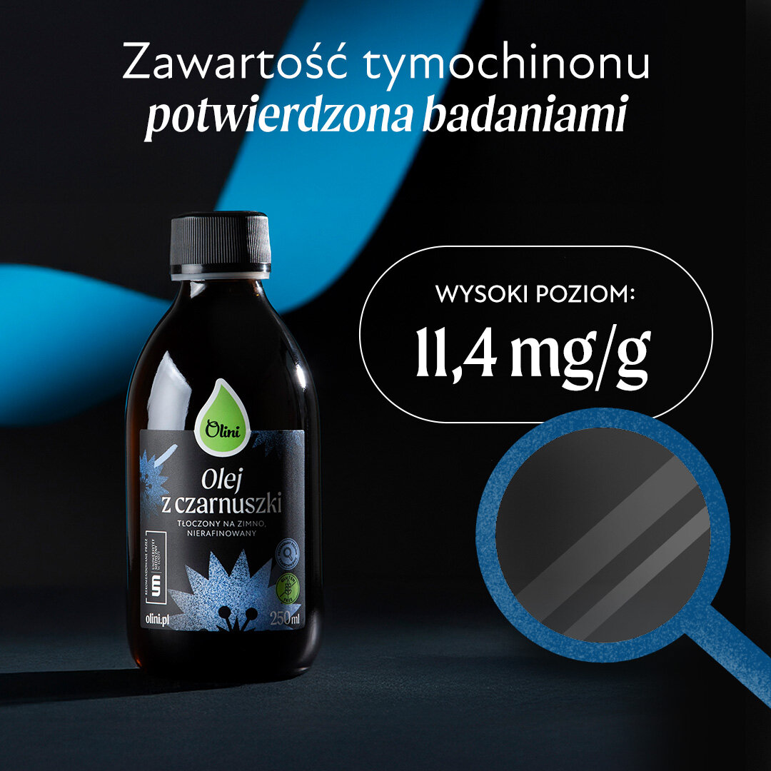 Butelka Olini Olej z Czarnuszki, 250 ml, z etykietą informującą o zawartości tymochinonu. Tekst na obrazie: \'Zawartość tymochinonu potwierdzona badaniami\' oraz \'Wysoki poziom: 11,4 mg/g\'.