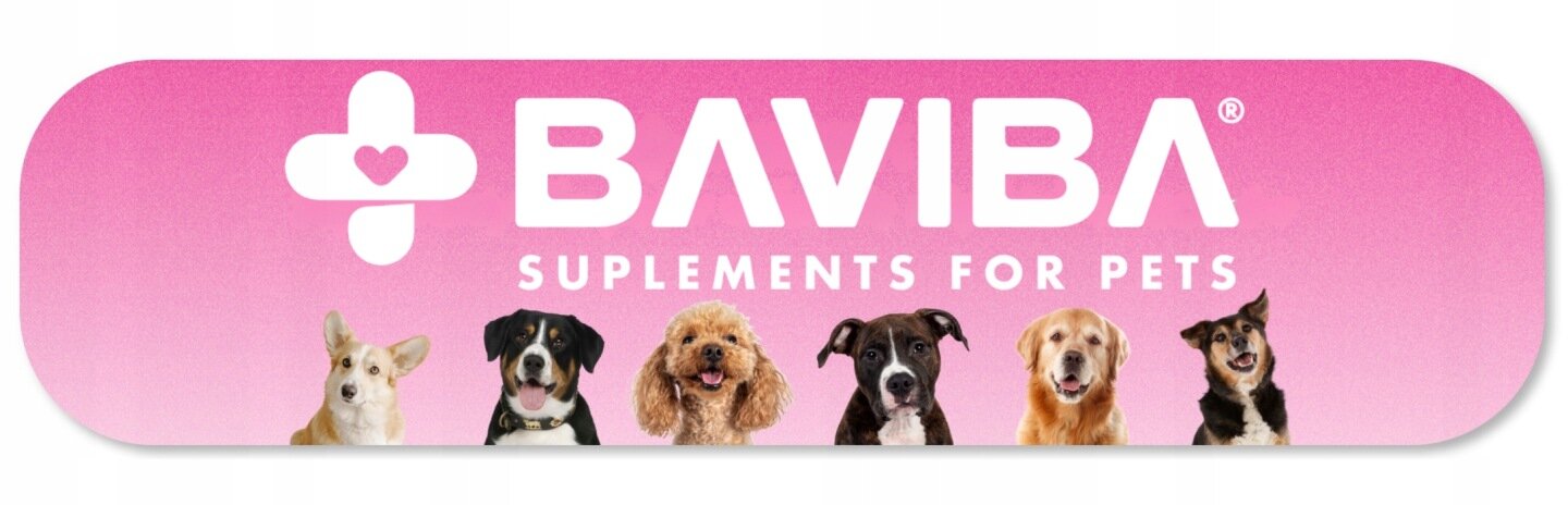 Obraz przedstawia różne psy na tle gradientu różowego koloru. Na górze widnieje napis \'BAVIBA SUPLEMENTS FOR PETS\' oraz logo w kształcie krzyża z sercem.