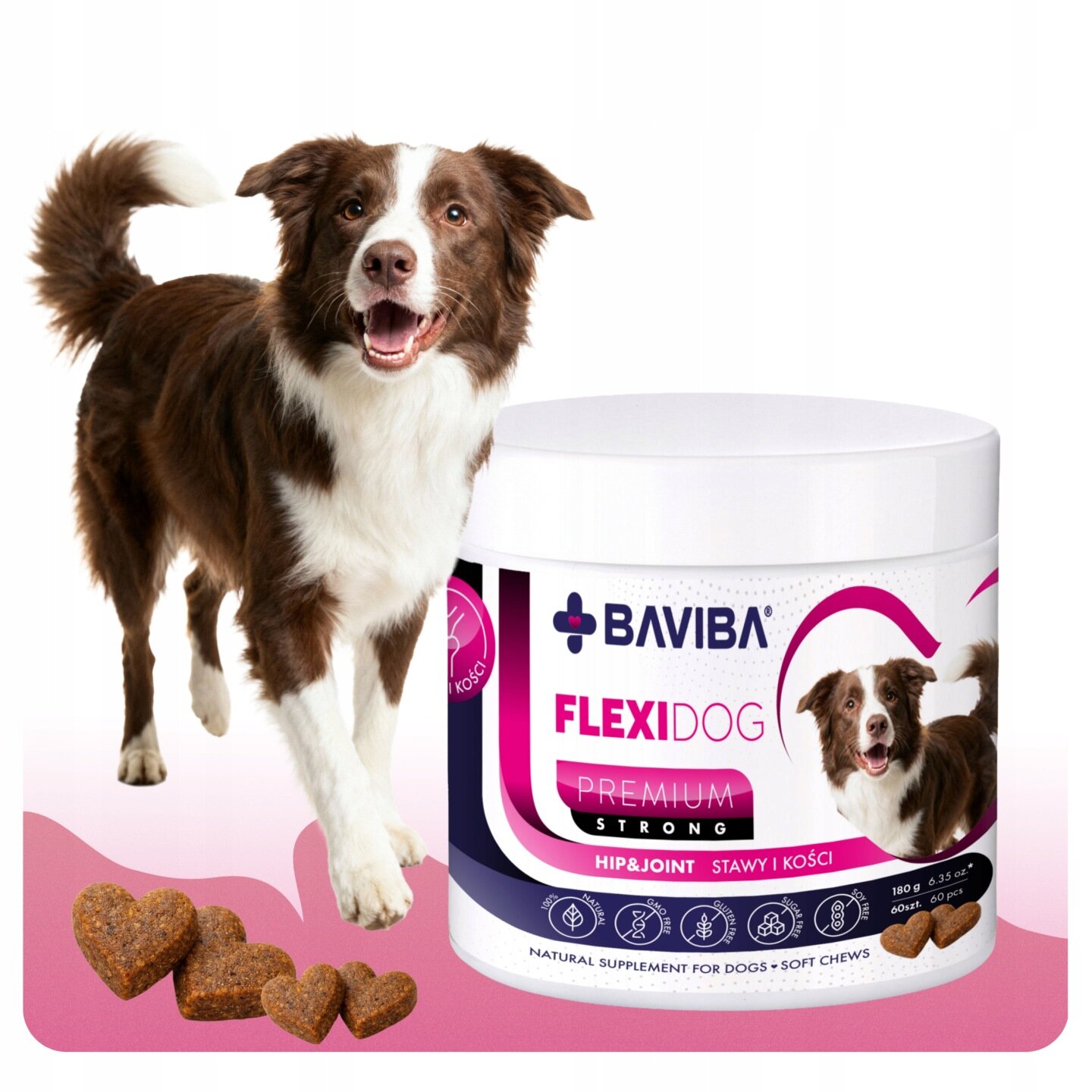 Na obrazie widoczny jest pies obok opakowania suplementu dla psów marki BAVIBA FLEXIDOG PREMIUM STRONG. Na opakowaniu znajdują się napisy: \'HIP & JOINT STAWY I KOŚCI\' oraz \'NATURAL SUPPLEMENT FOR DOGS • SOFT CHEWS\'.