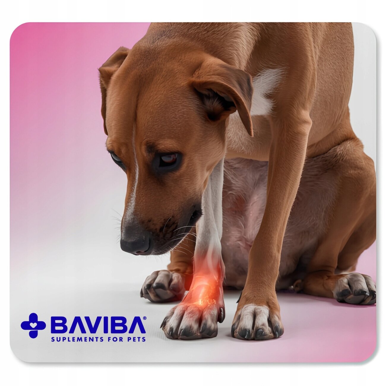 Pies siedzi, patrząc na swoją przednią łapę, która jest podświetlona na czerwono. W lewym dolnym rogu widoczne jest logo \'BAVIBA SUPPLEMENTS FOR PETS\'.