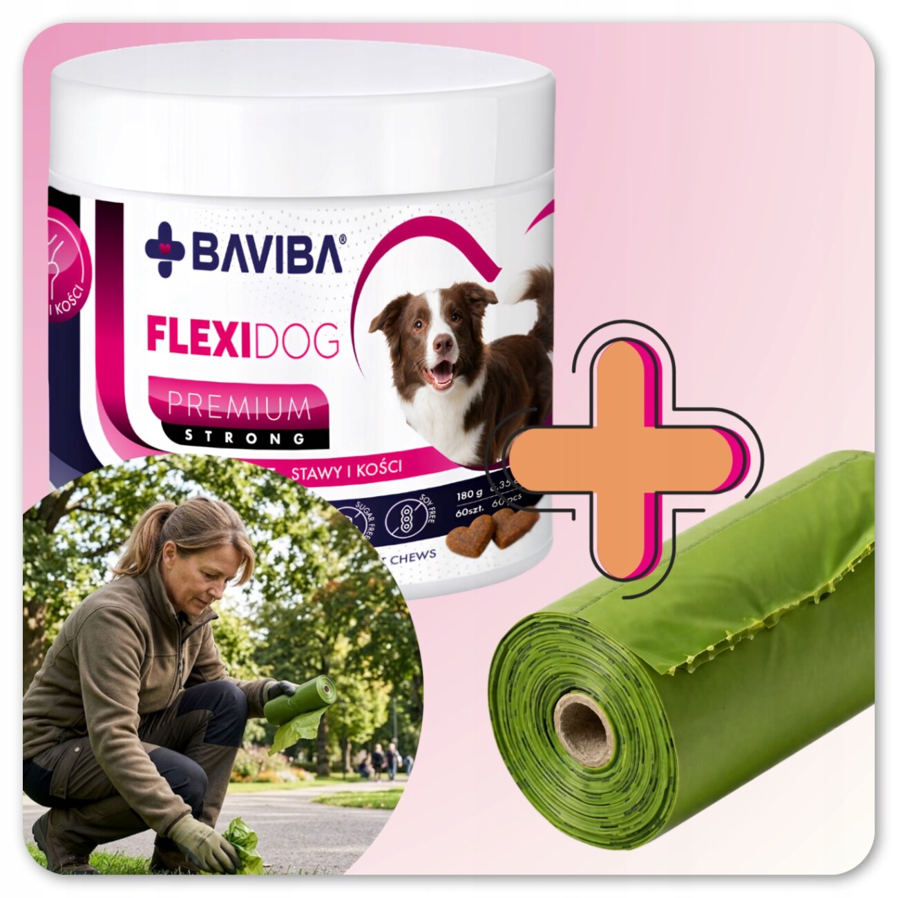 Na obrazie widoczny jest biały pojemnik z etykietą \'BAVIBA FLEXIDOG PREMIUM STRONG STAWY I KOŚCI\' oraz zdjęcie osoby pracującej w ogrodzie. Obok znajduje się zielona rolka materiału i symbol plusa.