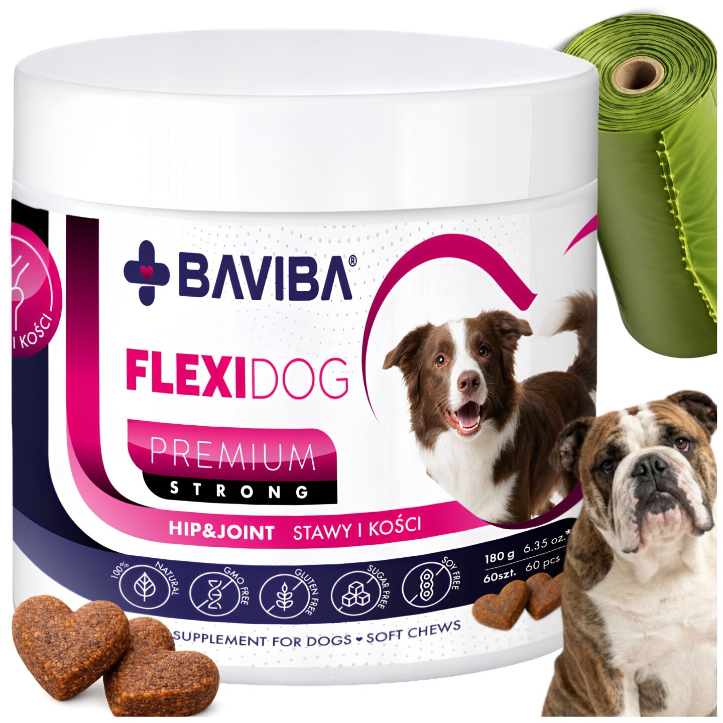 Opakowanie suplementu dla psów \'BAVIBA FLEXIDOG PREMIUM STRONG\' z wizerunkiem dwóch psów i sercowymi przysmakami. Widoczny tekst: \'HIP&JOINT STAWY I KOŚCI\', \'SUPPLEMENT FOR DOGS SOFT CHEWS\'.