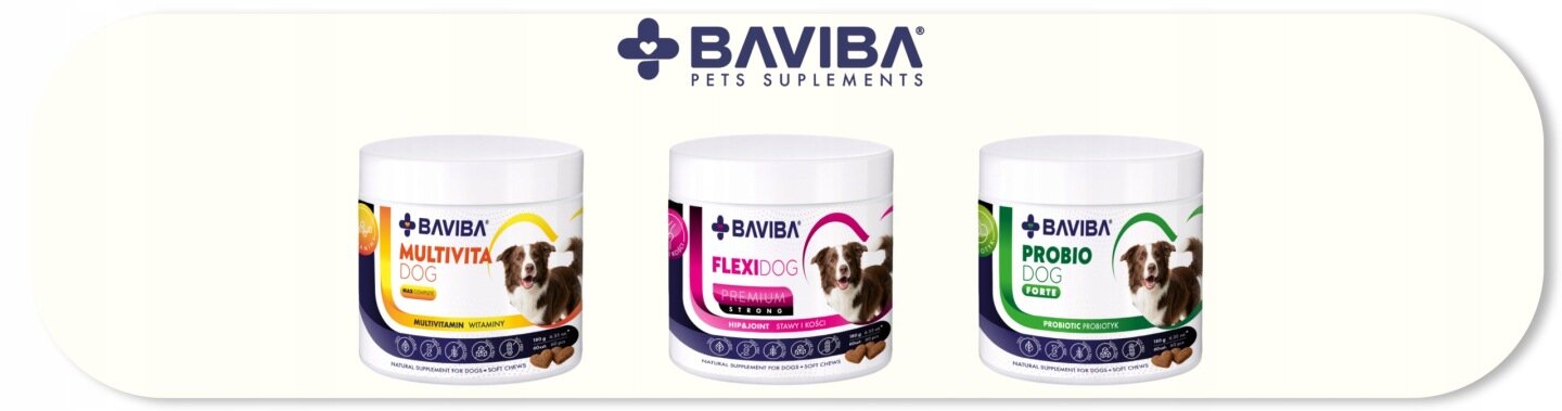 Obraz przedstawia trzy opakowania suplementów dla psów marki BAVIBA. Na każdym opakowaniu widnieje napis: \'MULTIVITA DOG\', \'FLEXI DOG\', \'PROBIO DOG\'.