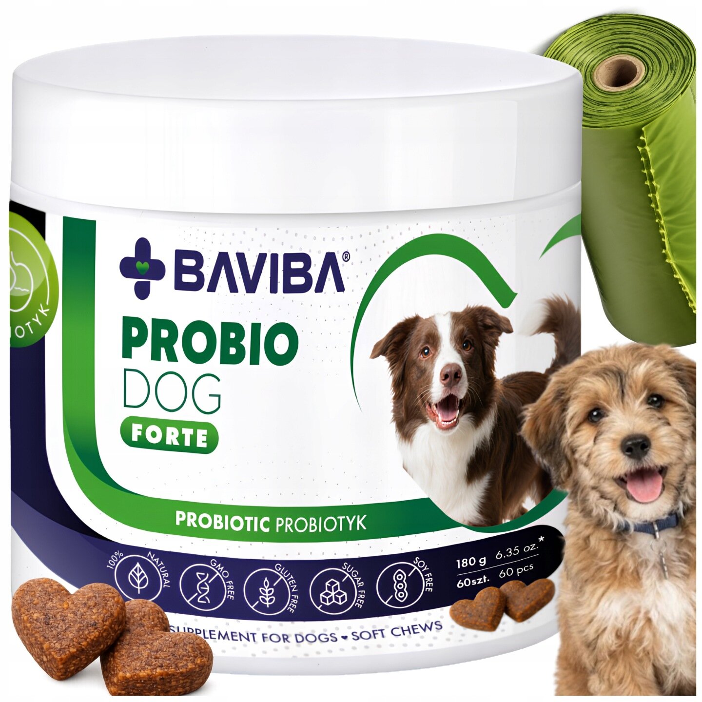 Opakowanie produktu Baviba ProBioDog Forte z wizerunkiem psa i informacją \'PROBIOTIC PROBIOTYK\'. Obok widoczne są serduszkowe przysmaki oraz zielona rolka worków.