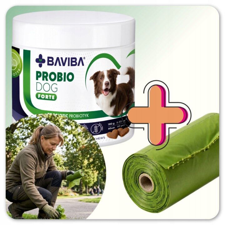 Na obrazie widoczny jest biały pojemnik z napisem \'BAVIBA PROBIO DOG FORTE\' oraz zdjęciem psa. Obok znajduje się zielona rolka materiału i symbol plusa, a w okrągłym wycinku osoba pracująca w ogrodzie.