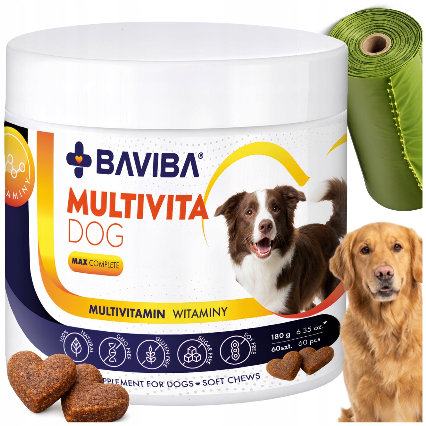 Opakowanie suplementu Baviba Multivita Dog z wizerunkiem psa i informacjami o produkcie, obok widoczna zielona rolka i pies. Na opakowaniu napis: \'MULTIVITAMIN WITAMINY\'.