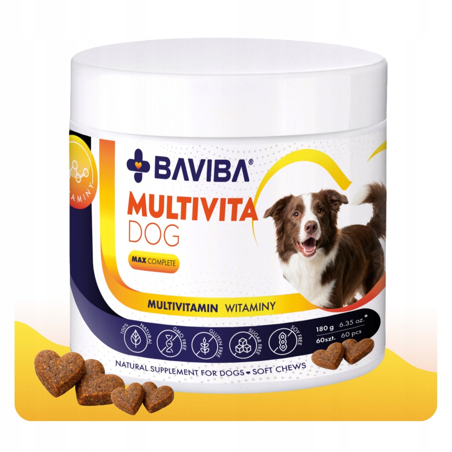 Opakowanie suplementu dla psów marki BAVIBA o nazwie MULTIVITA DOG, z wizerunkiem psa i informacjami o produkcie. Widoczne są symbole wskazujące na brak GMO, glutenu i cukru oraz informacja o zawartości 60 sztuk miękkich przysmaków.