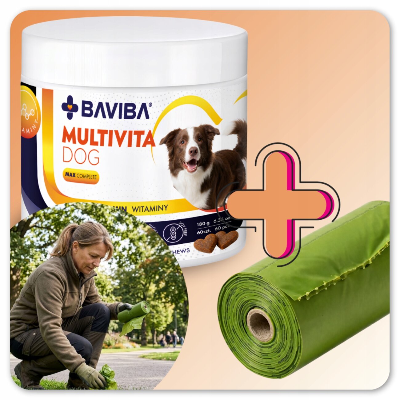 Na obrazie widoczny jest biały pojemnik z etykietą \'BAVIBA MULTIVITA DOG MAX COMPLETE\', obok którego znajduje się zielona rolka materiału oraz symbol plusa. W dolnym rogu znajduje się zdjęcie osoby pracującej w ogrodzie.