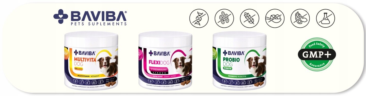 Obraz przedstawia trzy opakowania suplementów dla psów marki BAVIBA: Multivita Dog, Flexi Dog i Probio Dog. Nad opakowaniami znajdują się ikony symbolizujące różne cechy produktów, a obok widnieje logo GMP+.