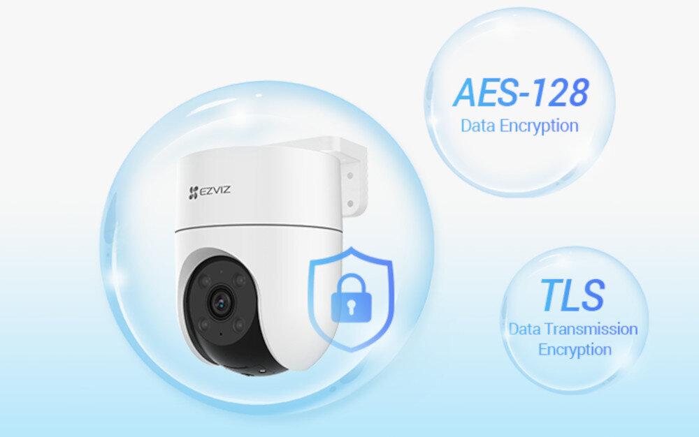 Na obrazie znajduje się biała kamera zewnętrzna z logo EZVIZ, otoczona przezroczystą bańką. Obok widoczne są napisy: \'AES-128 Data Encryption\' oraz \'TLS Data Transmission Encryption\'.