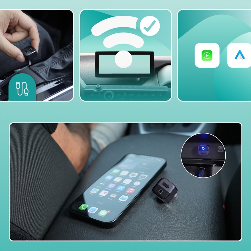 Obraz przedstawia bezprzewodowy adapter podłączany do samochodu oraz smartfon leżący na siedzeniu z widocznym ekranem aplikacji. W górnej części grafiki znajdują się ikony symbolizujące połączenie WiFi i kompatybilność z Android Auto i Carplay.