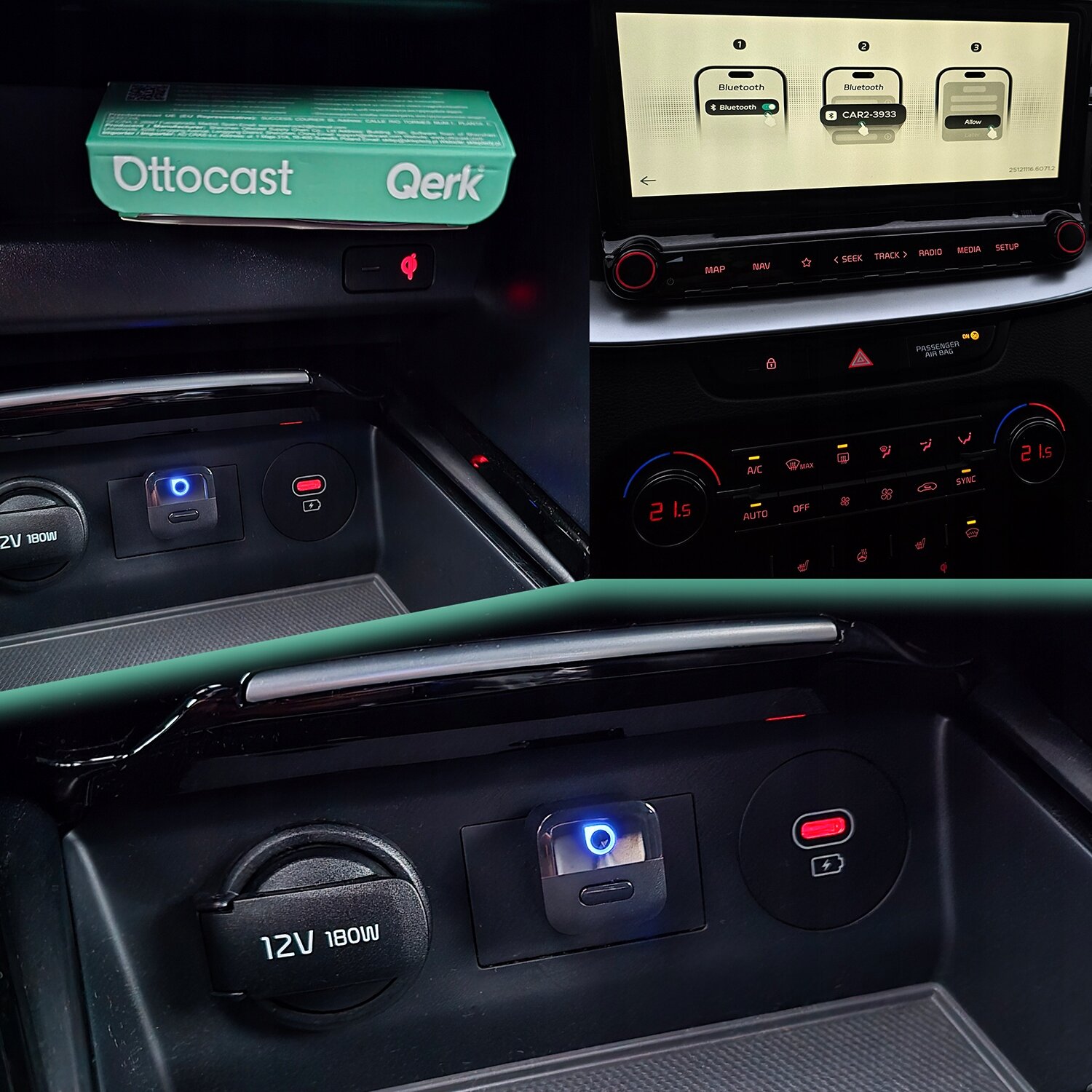 Na zdjęciu widać zielone pudełko z napisem \'Ottocast Qerk\' oraz panel samochodowy z wyświetlaczem pokazującym opcje Bluetooth i Carplay. W dolnej części obrazu znajduje się gniazdo 12V 180W oraz port z niebieskim podświetleniem.