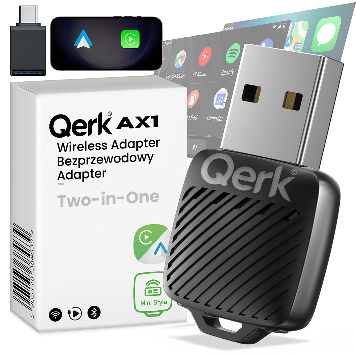 Na obrazie widoczny jest bezprzewodowy adapter USB z napisem \'Qerk\' oraz opakowanie z tekstem \'Qerk AX1 Wireless Adapter Bezprzewodowy Adapter Two-in-One\'. W tle znajdują się ikony aplikacji na ekranie oraz mały adapter z portem USB-C.