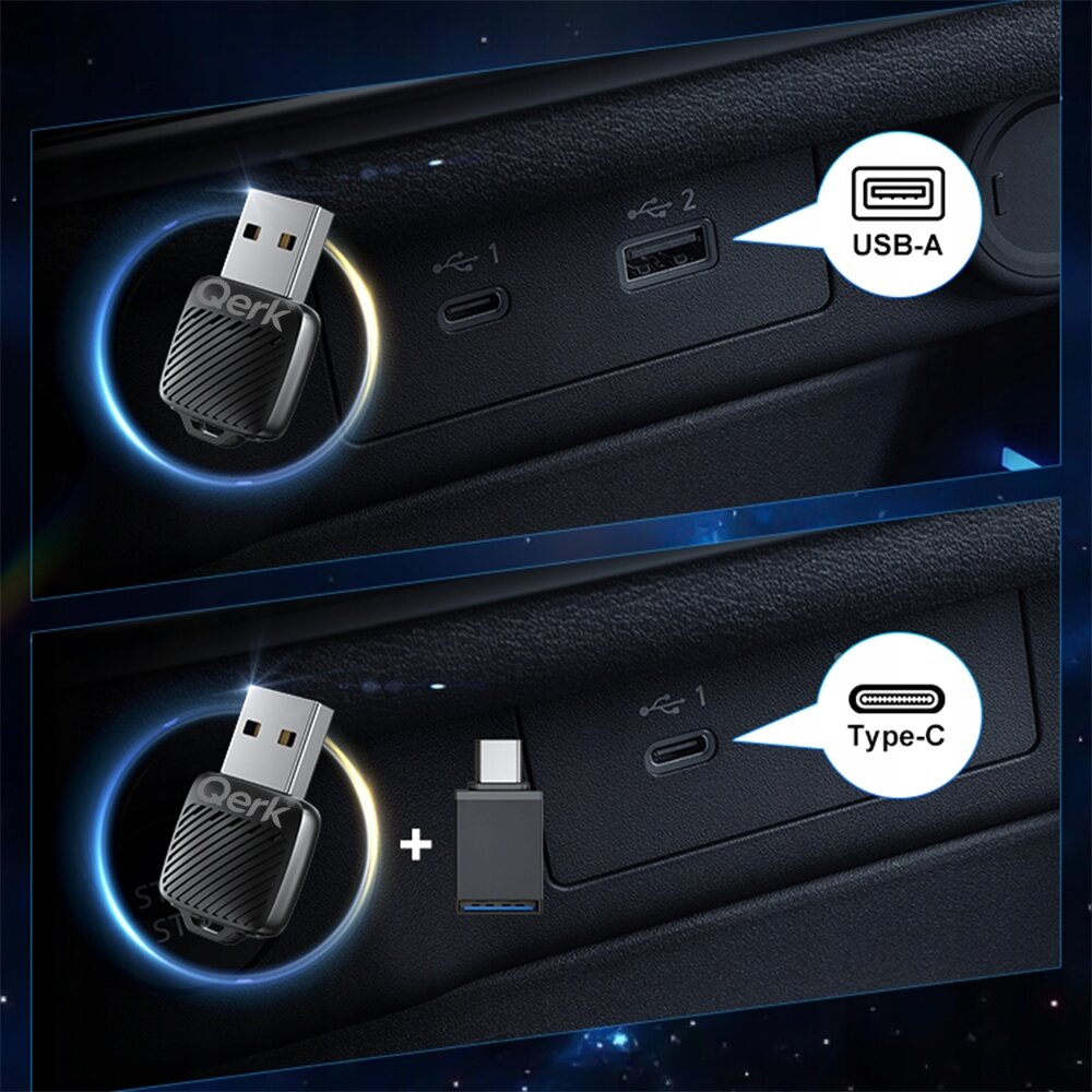 Obraz przedstawia dwa porty USB w samochodzie, z adapterem USB marki Qerk włożonym do jednego z nich. Obok portów znajdują się oznaczenia \'USB-A\' i \'Type-C\'.