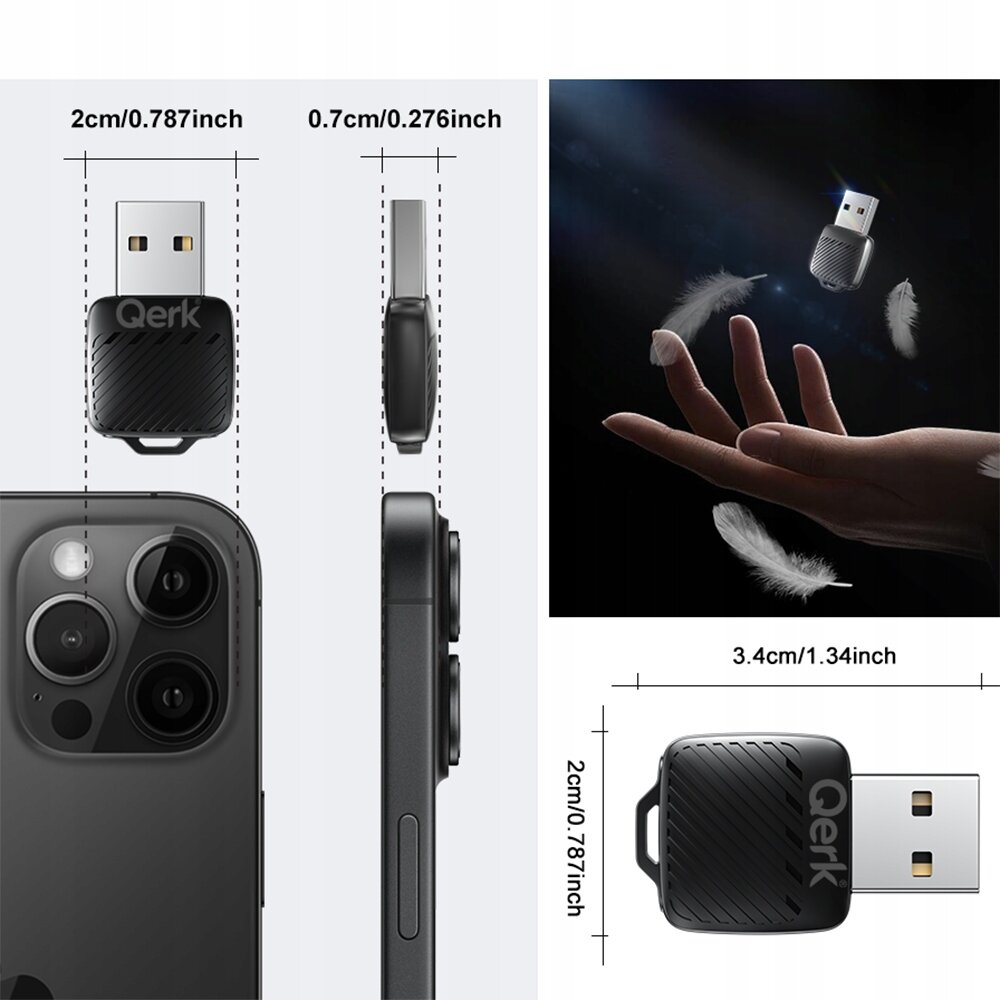 Obraz przedstawia bezprzewodowy adapter USB z logo \'Qerk\', obok smartfona. Wymiary adaptera to 2 cm x 0.7 cm x 3.4 cm, a w tle widoczne są unoszące się pióra.
