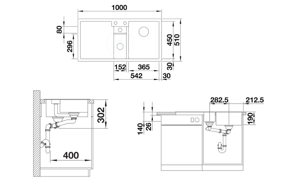 Rysunek techniczny zlewozmywaka z wymiarami: 1000 mm szerokości, 510 mm głębokości i 450 mm wysokości. Widoczne są szczegóły instalacyjne oraz wymiary poszczególnych elementów, takich jak otwory i odpływy.