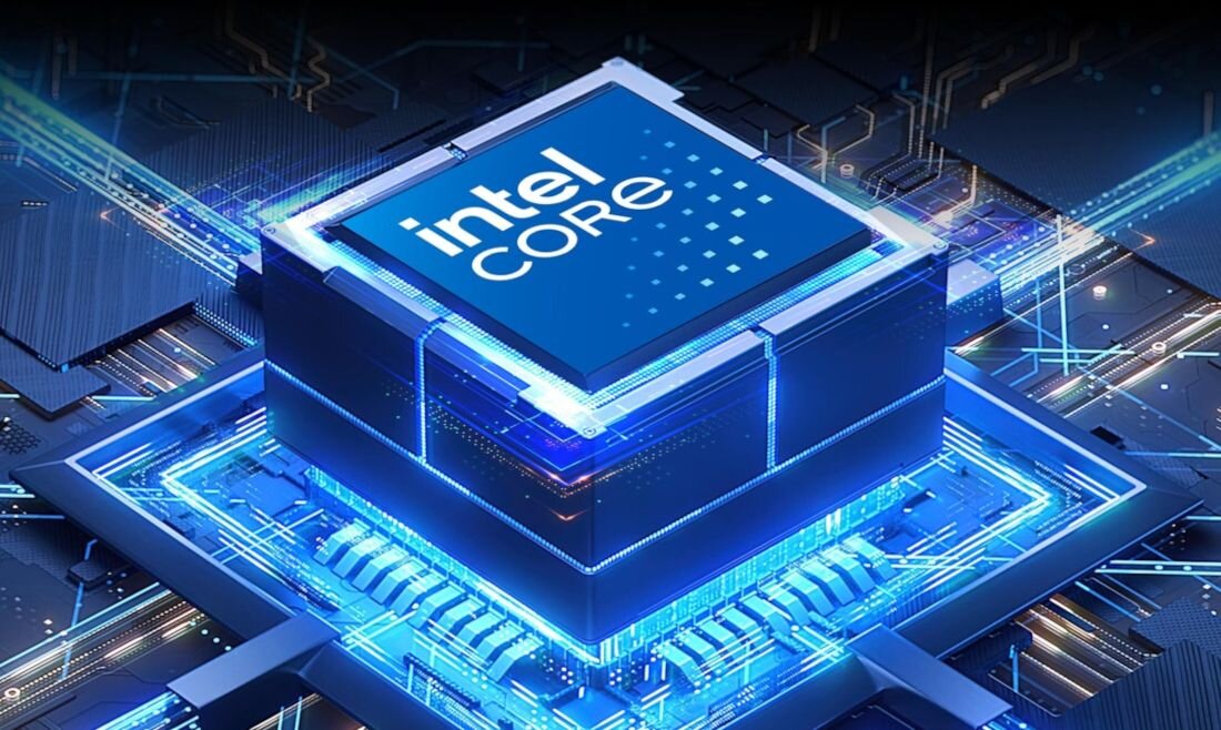 Obraz przedstawia procesor z widocznym logo \'intel CORE\' na górze, otoczony niebieskimi i białymi liniami symbolizującymi przepływ danych.