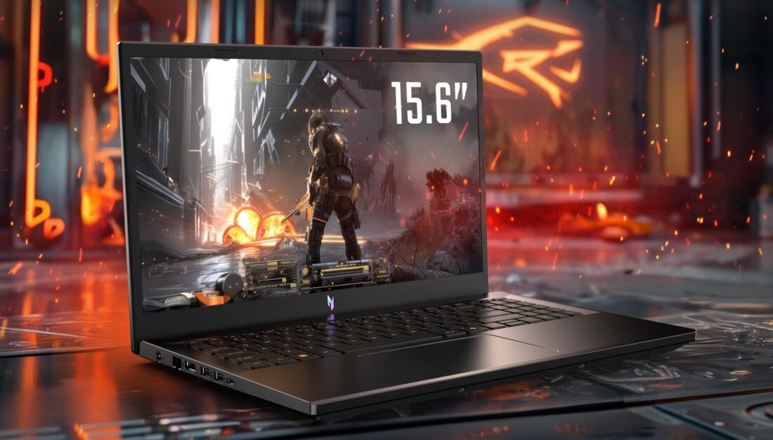 Laptop z wyświetlaczem pokazującym grę akcji, z widocznym napisem \'15.6\