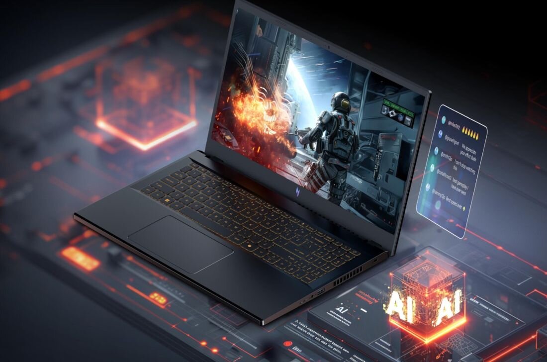 Laptop z wyświetlaczem pokazującym dynamiczną scenę z gry, otoczony grafiką przedstawiającą elementy technologiczne i napis \'AI\'.