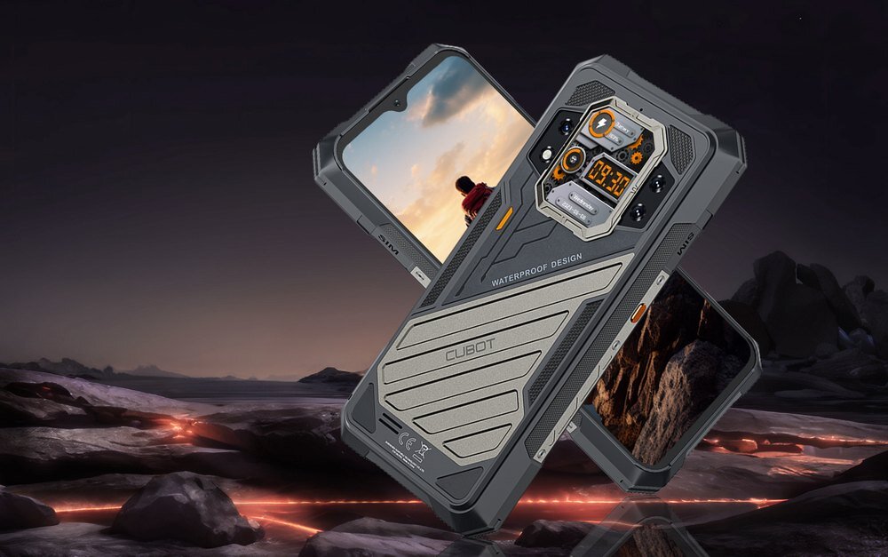 Na obrazie widoczny jest smartfon z wytrzymałą obudową, na której znajduje się napis \'WATERPROOF DESIGN\' oraz logo \'CUBOT\'. W tle widać krajobraz z lawą i skałami.